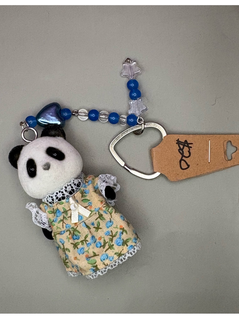 Calico critter Panda Keychain with Floral Dress and Blue Bead Accents